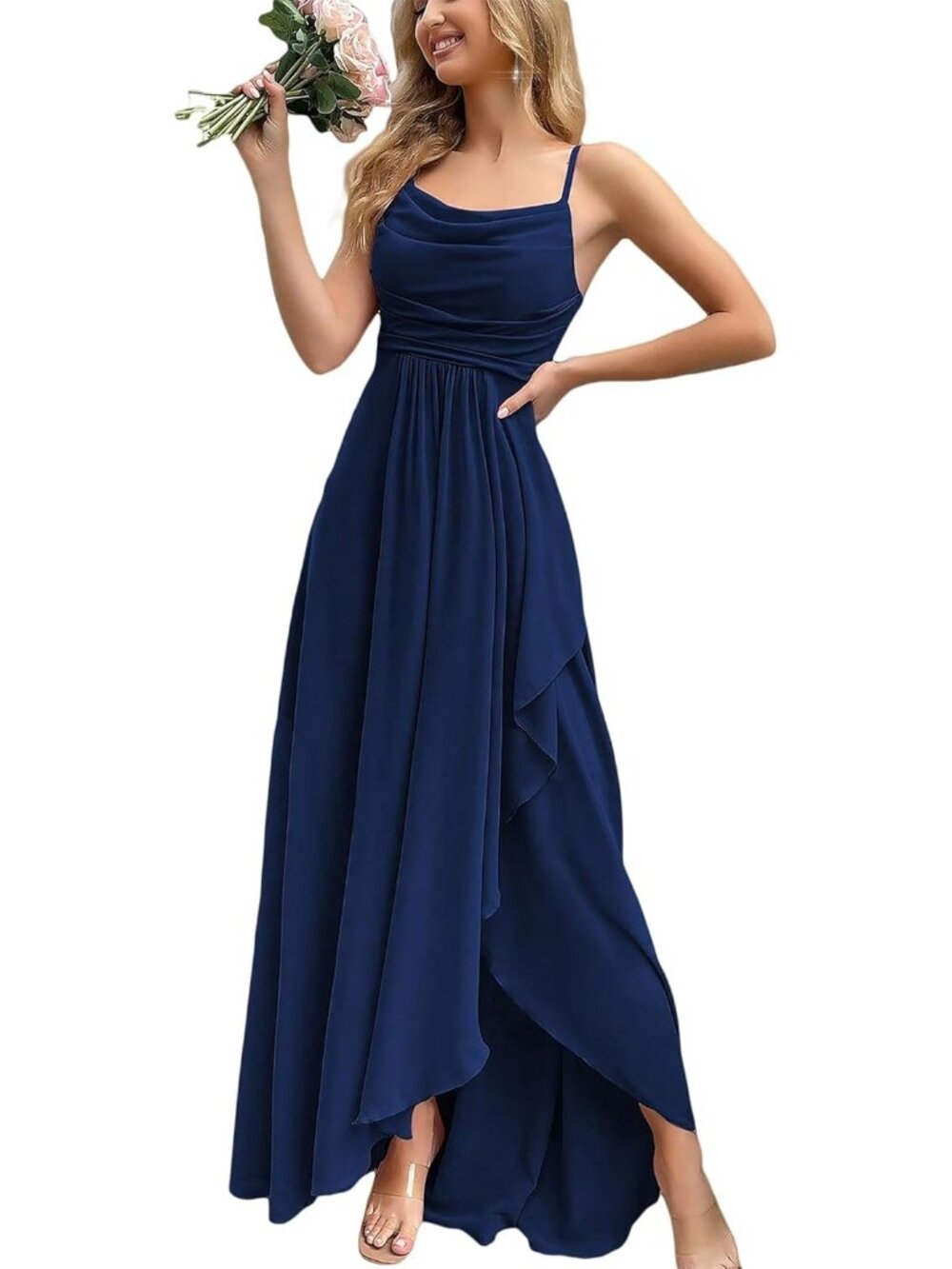 Women's Navy Blue Cowl Neck Spaghetti Strap Cocktail Bodycon Maxi Dress